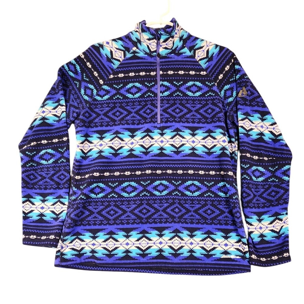 Eddie Bauer First Ascent Fleece Pullover Aztec Tribal Print‎ Purple Blue L